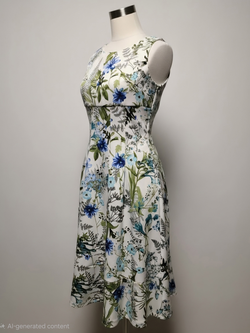 Enfocus Studio White Sleeveless Floral Midi Dress with Blue & Green Blooms
